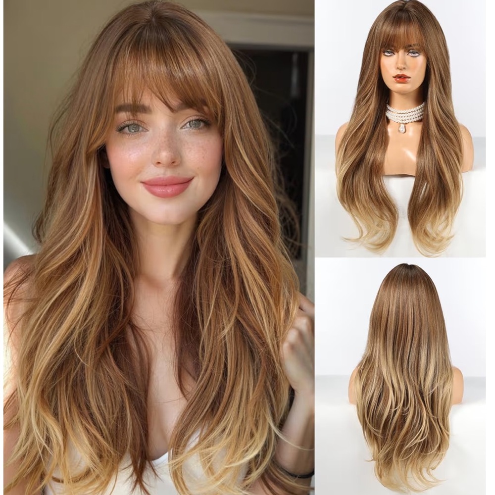 Long Brown Ombre Wig Women Bangs Layered party cosplay